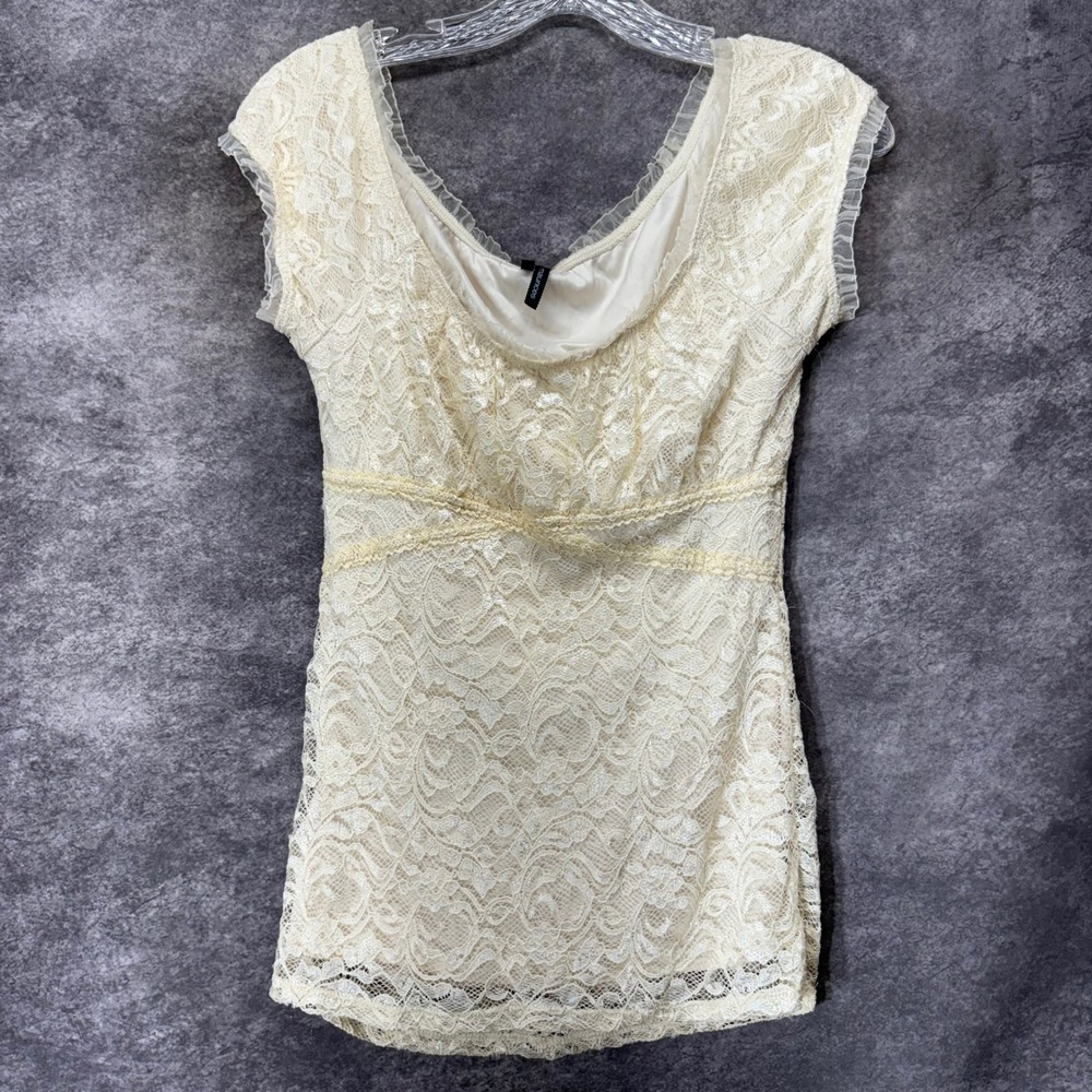 Y2K Maurices Cream Lace Babydoll Top Size XS Cap Sleeve Lace Ruffle Boho Fairy